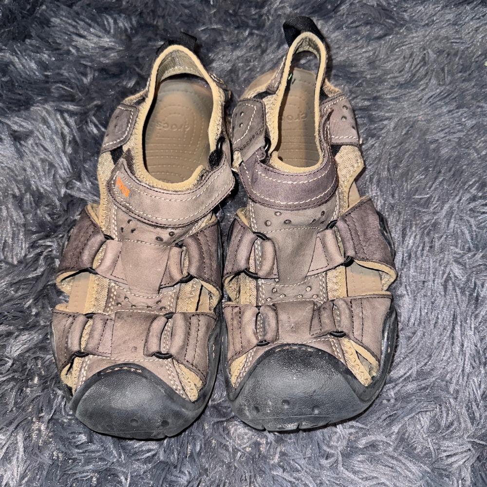 Crocs Mens Swiftwater Leather Fisherman Sandals 11 Brown Rugged Closed Toe
